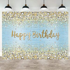 WDA Blue Happy Birthday Backdrop Golden Diamond Shiny Bokeh Photography Background Sweet Girl Party Photo Decoration Banner Dessert Cake Table Supplies (7x5FT)