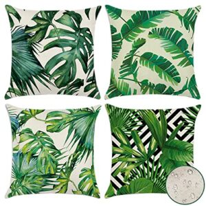 otostar outdoor waterproof linen throw pillow covers 18×18 inch square pillow covers set of 4 tropical green leaves decorative cushion covers for couch sofa tent garden patio