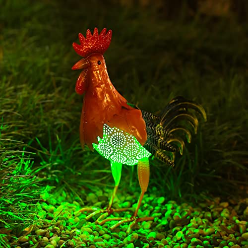 HSHD Metal Rooster Decor Garden Statue Solar Lights Outdoor - Chicken Sculpture Yard Art Kitchen Decor Lawn Ornaments (Rooster)