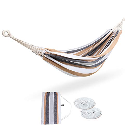 ROOITY Double Hammock Brazilian Hammocks with Portable Carrying Bag,Soft Woven Fabric, Up to 450 Lbs Hanging for Patio,Trees,Garden,Backyard,Porch,Outdoor and Indoor XXX-Large Brown&Grey Stripe