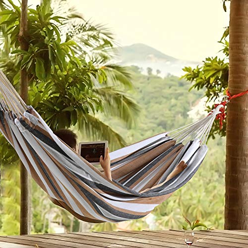 ROOITY Double Hammock Brazilian Hammocks with Portable Carrying Bag,Soft Woven Fabric, Up to 450 Lbs Hanging for Patio,Trees,Garden,Backyard,Porch,Outdoor and Indoor XXX-Large Brown&Grey Stripe