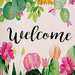 Spring Cactus Welcome Garden Flag 12.5×18 Inch Small Vertical Double Sided Seasonal Outdoor Décor for Yard Flag