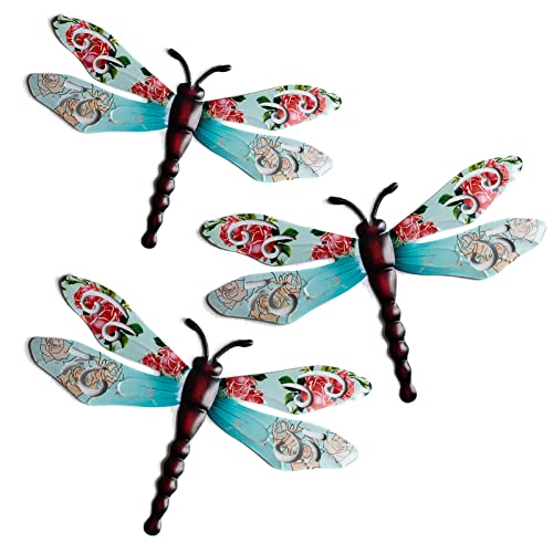 EYONGLION Metal Dragonfly Wall Decor,Dragonfly Garden Decor for Outside,Yard Decorations Outdoor Metal,Metal Dragonfly Outdoor,14.8 Inch,Pack of 3