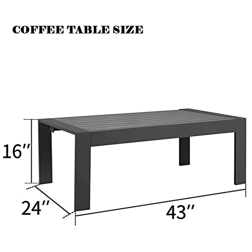 Odoor Direct Patio Furniture Aluminum Coffee Table, All-Weather Metal Rectangle Patio Table with Imitation Wood Tabletop, Dark Grey