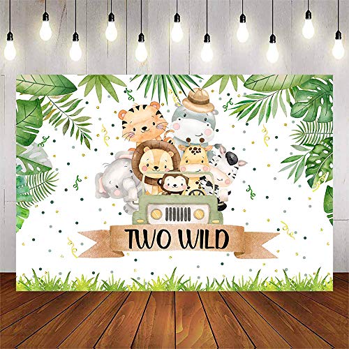 Avezano Two Wild Backdrops for Boy Safari Jungle Theme 2nd Birthday Party Banner Decorations Two Wild Zoo Animals Second Birthday Party Background (7x5ft)