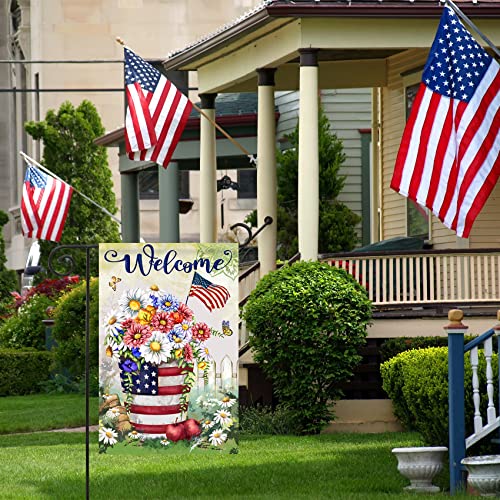 Texupday Welcome America Patriotic Floral Daisy Spring Summer Garden Flag Outdoor Yard Flag 12" x 18"