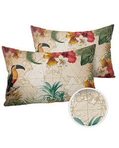outdoor throw pillows covers 12x20 set of 2 waterproof tropical fruits pineaple decorative zippered lumbar cushion covers for patio furniture, floral animal bird vintage