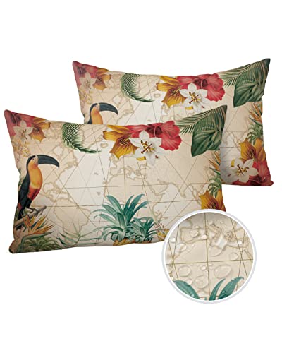 Outdoor Throw Pillows Covers 12X20 Set of 2 Waterproof Tropical Fruits Pineaple Decorative Zippered Lumbar Cushion Covers for Patio Furniture, Floral Animal Bird Vintage