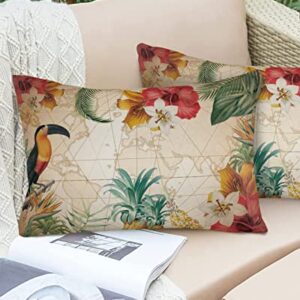 Outdoor Throw Pillows Covers 12X20 Set of 2 Waterproof Tropical Fruits Pineaple Decorative Zippered Lumbar Cushion Covers for Patio Furniture, Floral Animal Bird Vintage