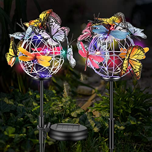 Mageky Solar Outdoor Lights, Butterfly Lights Garden Decorative Solar Stake Lights with 12 Butterflies 6 Dragonflies Ground Lights Waterproof for Patio Garden Yard Pathway 2 Pack