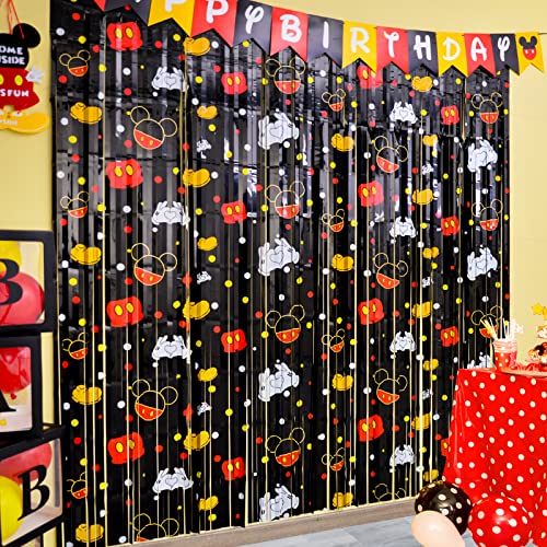 Bupelo Mickey Birthday Party Supplies, 2 Pack Mickey Theme Tinsel Foil Fringe Curtains,Cartoon Mouse Patterns Photo Booth Prop Backdrop Streamer, Mickey Birthday Party Decorations, Room Decor for Kids