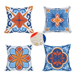 tlovudori outdoor waterproof throw pillow covers set of 4 ethnic floral printed and boho geometry farmhouse outdoor pillow covers for patio furniture garden 18×18 inch blue orange (18x18inch, ef-boho)