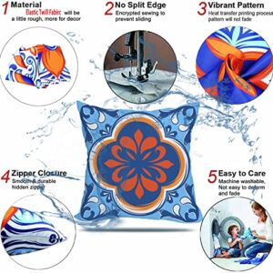 Tlovudori Outdoor Waterproof Throw Pillow Covers Set of 4 Ethnic Floral Printed and Boho Geometry Farmhouse Outdoor Pillow Covers for Patio Furniture Garden 18x18 Inch Blue Orange (18X18Inch, EF-Boho)
