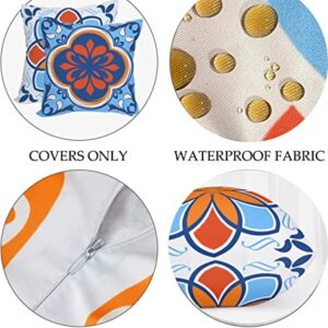 Tlovudori Outdoor Waterproof Throw Pillow Covers Set of 4 Ethnic Floral Printed and Boho Geometry Farmhouse Outdoor Pillow Covers for Patio Furniture Garden 18x18 Inch Blue Orange (18X18Inch, EF-Boho)