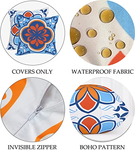 Tlovudori Outdoor Waterproof Throw Pillow Covers Set of 4 Ethnic Floral Printed and Boho Geometry Farmhouse Outdoor Pillow Covers for Patio Furniture Garden 18x18 Inch Blue Orange (18X18Inch, EF-Boho)