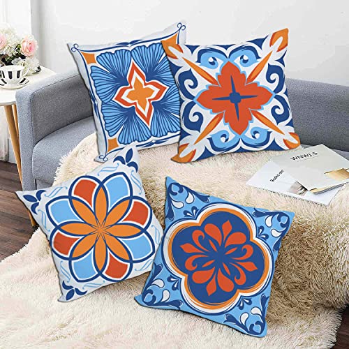 Tlovudori Outdoor Waterproof Throw Pillow Covers Set of 4 Ethnic Floral Printed and Boho Geometry Farmhouse Outdoor Pillow Covers for Patio Furniture Garden 18x18 Inch Blue Orange (18X18Inch, EF-Boho)