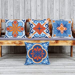 Tlovudori Outdoor Waterproof Throw Pillow Covers Set of 4 Ethnic Floral Printed and Boho Geometry Farmhouse Outdoor Pillow Covers for Patio Furniture Garden 18x18 Inch Blue Orange (18X18Inch, EF-Boho)