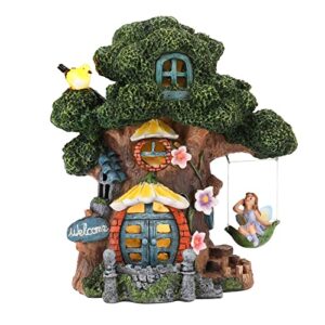 ovewios fairy house garden outdoor decor, large garden gnome house and fairy figurines with solar lights waterproof resin ornaments decorations for patio yard lawn gift