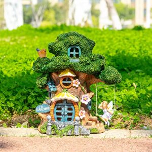 Ovewios Fairy House Garden Outdoor Decor, Large Garden Gnome House and Fairy Figurines with Solar Lights Waterproof Resin Ornaments Decorations for Patio Yard Lawn Gift