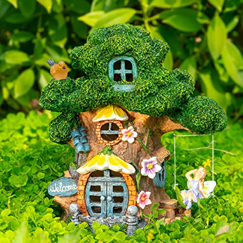 Ovewios Fairy House Garden Outdoor Decor, Large Garden Gnome House and Fairy Figurines with Solar Lights Waterproof Resin Ornaments Decorations for Patio Yard Lawn Gift