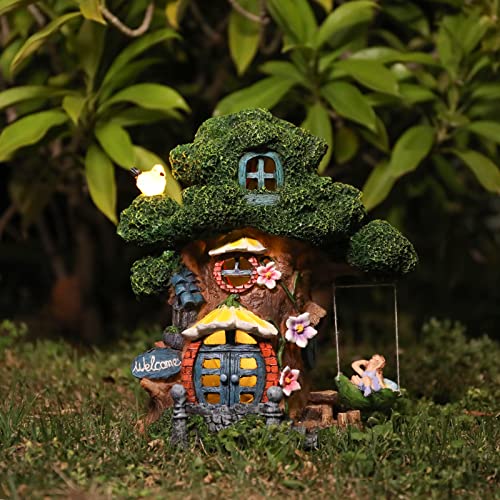 Ovewios Fairy House Garden Outdoor Decor, Large Garden Gnome House and Fairy Figurines with Solar Lights Waterproof Resin Ornaments Decorations for Patio Yard Lawn Gift