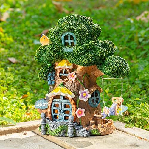 Ovewios Fairy House Garden Outdoor Decor, Large Garden Gnome House and Fairy Figurines with Solar Lights Waterproof Resin Ornaments Decorations for Patio Yard Lawn Gift