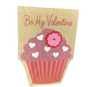 happy valentine’s day garden flag – be my valentine burlap flag – one sided yard décor decoration – glitter cupcake & flower applique design – 12″ x 17″ size – by jolly jon