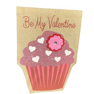 Happy Valentine's Day Garden Flag - Be My Valentine Burlap Flag – One Sided Yard Décor Decoration - Glitter Cupcake & Flower Applique Design - 12" x 17" size - by Jolly Jon