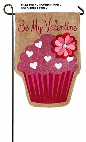 Happy Valentine's Day Garden Flag - Be My Valentine Burlap Flag – One Sided Yard Décor Decoration - Glitter Cupcake & Flower Applique Design - 12" x 17" size - by Jolly Jon