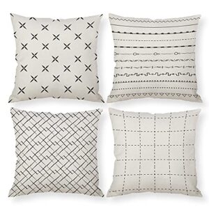 Outdoor Throw Pillow Covers 18x18 Waterproof Farmhouse Boho Spring Summer White Beige Black Patio Decorative Linen Square Modern Floral Line Geometry Stripe Courtyard Garden Sofa Chair Couch set of 4