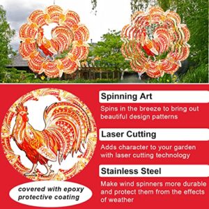 Rooster Wind Spinner Hanging, 3D Wind Spinners Outdoor Garden Decor, 12in Cock Spinning Yard Art Metal Large Ornaments, Stainless Steel Wind Catcher Chicken for Backyard, Red Gold Wind Sculptures Gift