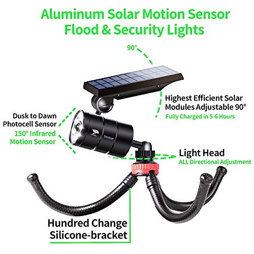 DrawGreen Solar Motion Lights Outdoor Camping Aluminum 1400LM 9W(130W Equi.) LED Solar Flood Security Stop Emergency Lights for Driveway Porch Patio Garden Camp, 100-Week Protection for 100% Free