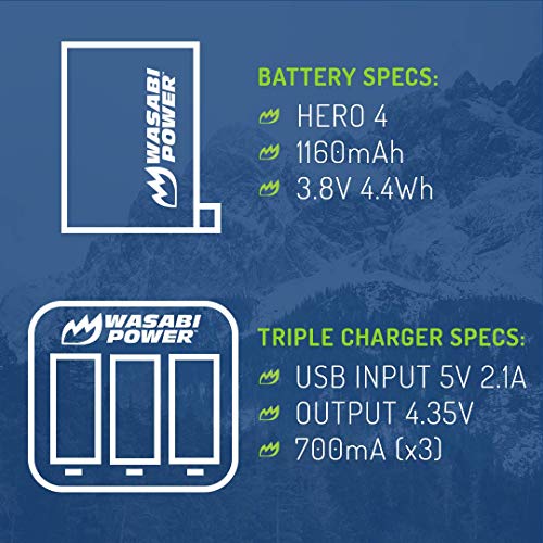 Wasabi Power HERO4 Battery (x2) and USB Triple Charger for GoPro AHDBT-401, Hero 4