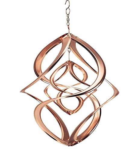 Wind & Weather Copper-Plated Dual Spiral Hanging Metal Wind Spinner, Steel, Ultra-Sensitive, Double Spinner, Kinetic Garden Art, Spinner 10" Dia. x 11" H, Chain 3" H