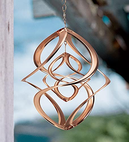 Wind & Weather Copper-Plated Dual Spiral Hanging Metal Wind Spinner, Steel, Ultra-Sensitive, Double Spinner, Kinetic Garden Art, Spinner 10" Dia. x 11" H, Chain 3" H