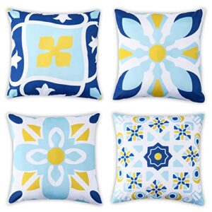 outdoor throw pillow covers waterproof, set of 4 outdoor pillows waterproof, boho waterproof cushion covers, outdoor throw pillow case for outdoor patio garden sofa – 18 x 18 inches blue