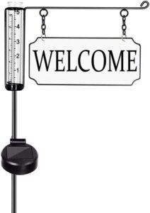 uitpon 36″ rain gauge outdoor decorative with solar powered light,metal“welcome”yard sign stakes with plastic rain measure gauge for garden lawn decorations