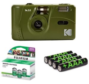 kodak m35 35mm film camera, film and battery bundle: includes 3 packs of fujifilm color negative films (36 exposures each), 4 pack aaa alkaline batteries (olive green)