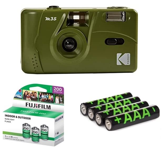 Kodak M35 35mm Film Camera, Film and Battery Bundle: Includes 3 Packs of Fujifilm Color Negative Films (36 Exposures Each), 4 Pack AAA Alkaline Batteries (Olive Green)