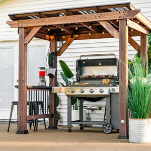 backyard discovery saxony wooden grill gazebo, insulated steel roof, cook station, barbeque, patio, deck, withstand wind and snow, corrosion resistant, reduce heat transfer, power ports