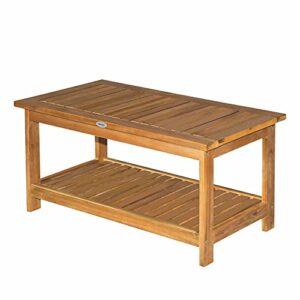outsunny outdoor coffee table 2-shelf acacia wood rectangular buffet storage organizer natural finish teak patio, deck, lawn, garden 35.5″x17.75″x17″