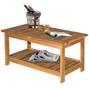 Outsunny Outdoor Coffee Table 2-Shelf Acacia Wood Rectangular Buffet Storage Organizer Natural Finish Teak Patio, Deck, Lawn, Garden 35.5"x17.75"x17"