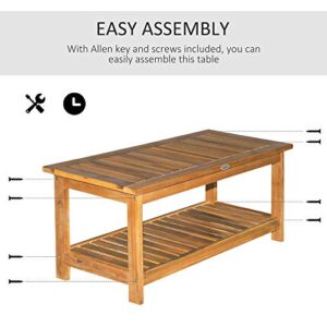 Outsunny Outdoor Coffee Table 2-Shelf Acacia Wood Rectangular Buffet Storage Organizer Natural Finish Teak Patio, Deck, Lawn, Garden 35.5"x17.75"x17"