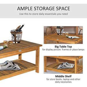 Outsunny Outdoor Coffee Table 2-Shelf Acacia Wood Rectangular Buffet Storage Organizer Natural Finish Teak Patio, Deck, Lawn, Garden 35.5"x17.75"x17"