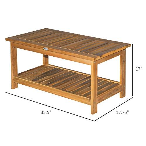 Outsunny Outdoor Coffee Table 2-Shelf Acacia Wood Rectangular Buffet Storage Organizer Natural Finish Teak Patio, Deck, Lawn, Garden 35.5"x17.75"x17"