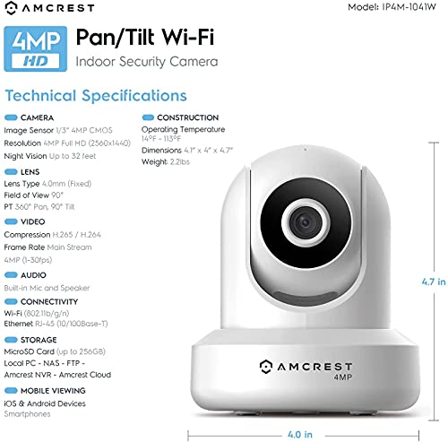 Amcrest 4MP UltraHD Indoor WiFi Camera, Security IP Camera with Pan/Tilt, Two-Way Audio, Night Vision, Remote Viewing, 2.4ghz, 4-Megapixel @30FPS, Wide 90° FOV, IP4M-1041W (White)