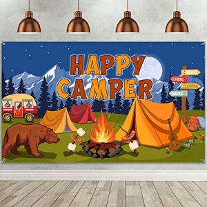 camping backdrop camper party decoration happy camper banner campfire forest adventure photography background for camping theme party birthday party supplies with rope, 72.8 x 43.3 inch