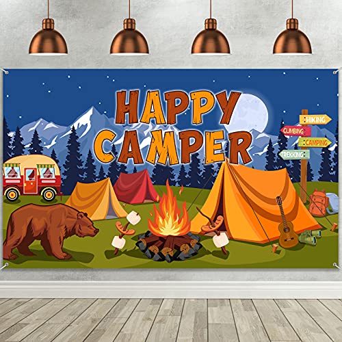 Camping Backdrop Camper Party Decoration Happy Camper Banner Campfire Forest Adventure Photography Background for Camping Theme Party Birthday Party Supplies with Rope, 72.8 x 43.3 Inch