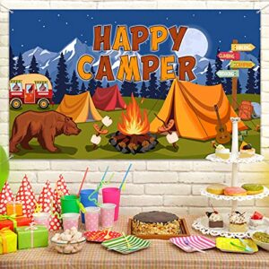 Camping Backdrop Camper Party Decoration Happy Camper Banner Campfire Forest Adventure Photography Background for Camping Theme Party Birthday Party Supplies with Rope, 72.8 x 43.3 Inch