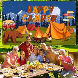Camping Backdrop Camper Party Decoration Happy Camper Banner Campfire Forest Adventure Photography Background for Camping Theme Party Birthday Party Supplies with Rope, 72.8 x 43.3 Inch